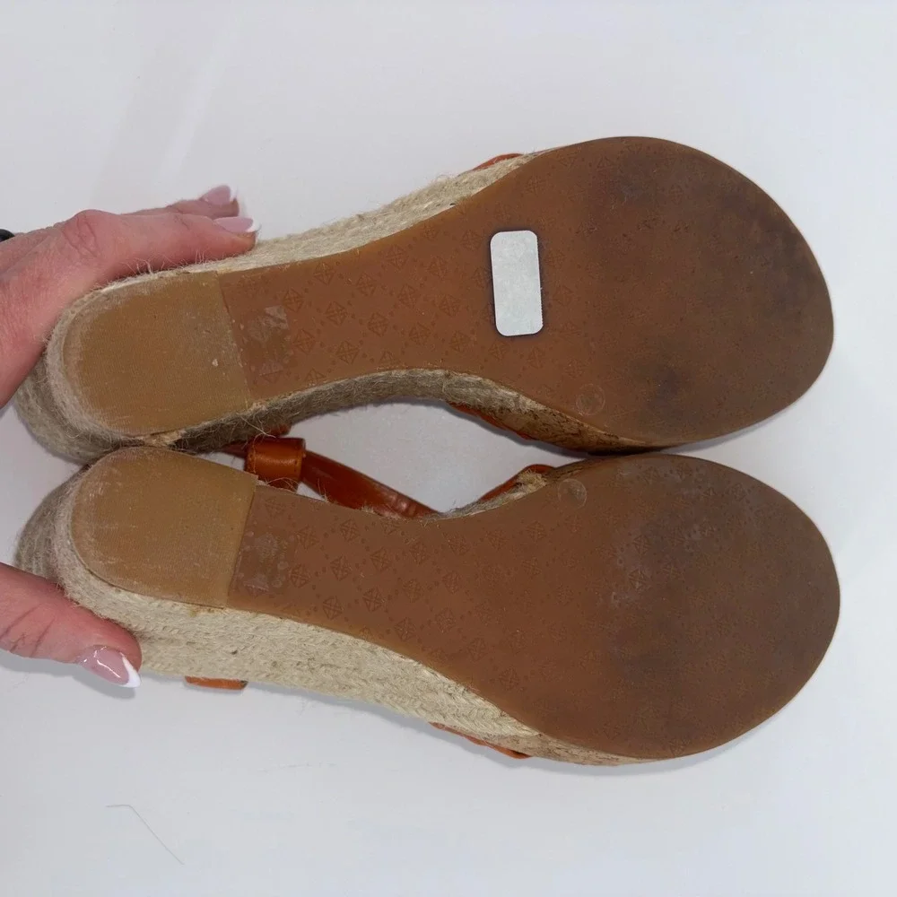 Antonio Melani Orange Leather Espadrille Wedge Sandals Bow Ankle Strap Size 8M